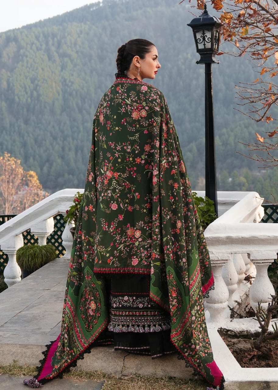 Hussain Rehar – 3PC Unstitched Dhanak Embroidered Suit with Digital Printed Pashmina Shawl | Winter Collection 2025