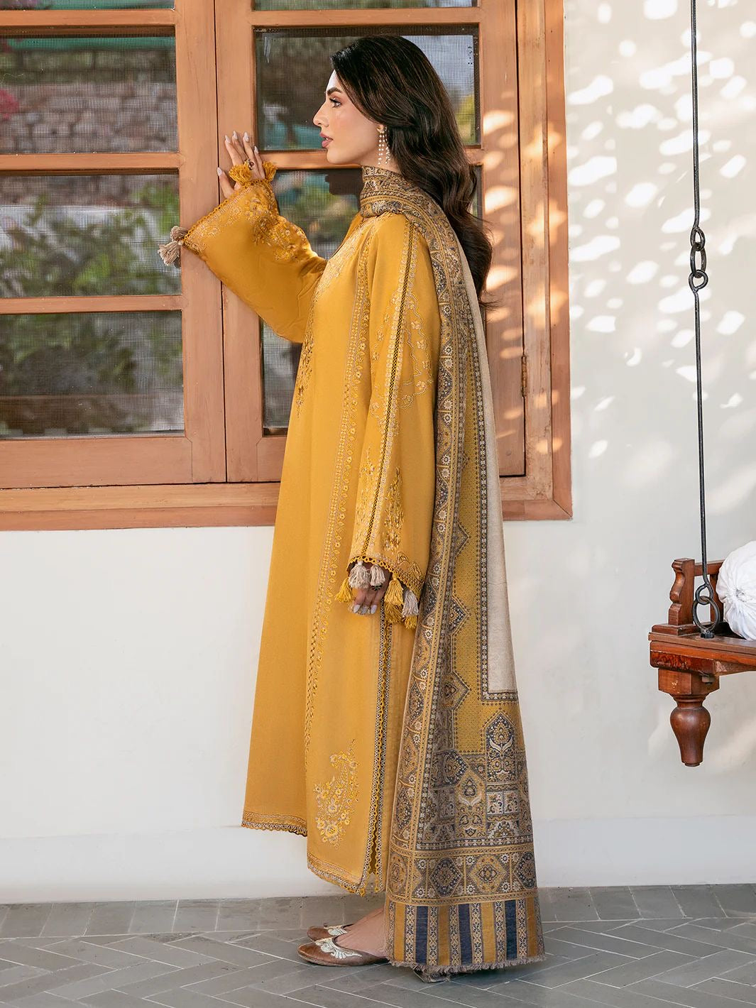 Aizel – New Winter Design | 3PC Airjet Dhanak Heavy Embroidered Suit with Digital Print Wool Shawl
