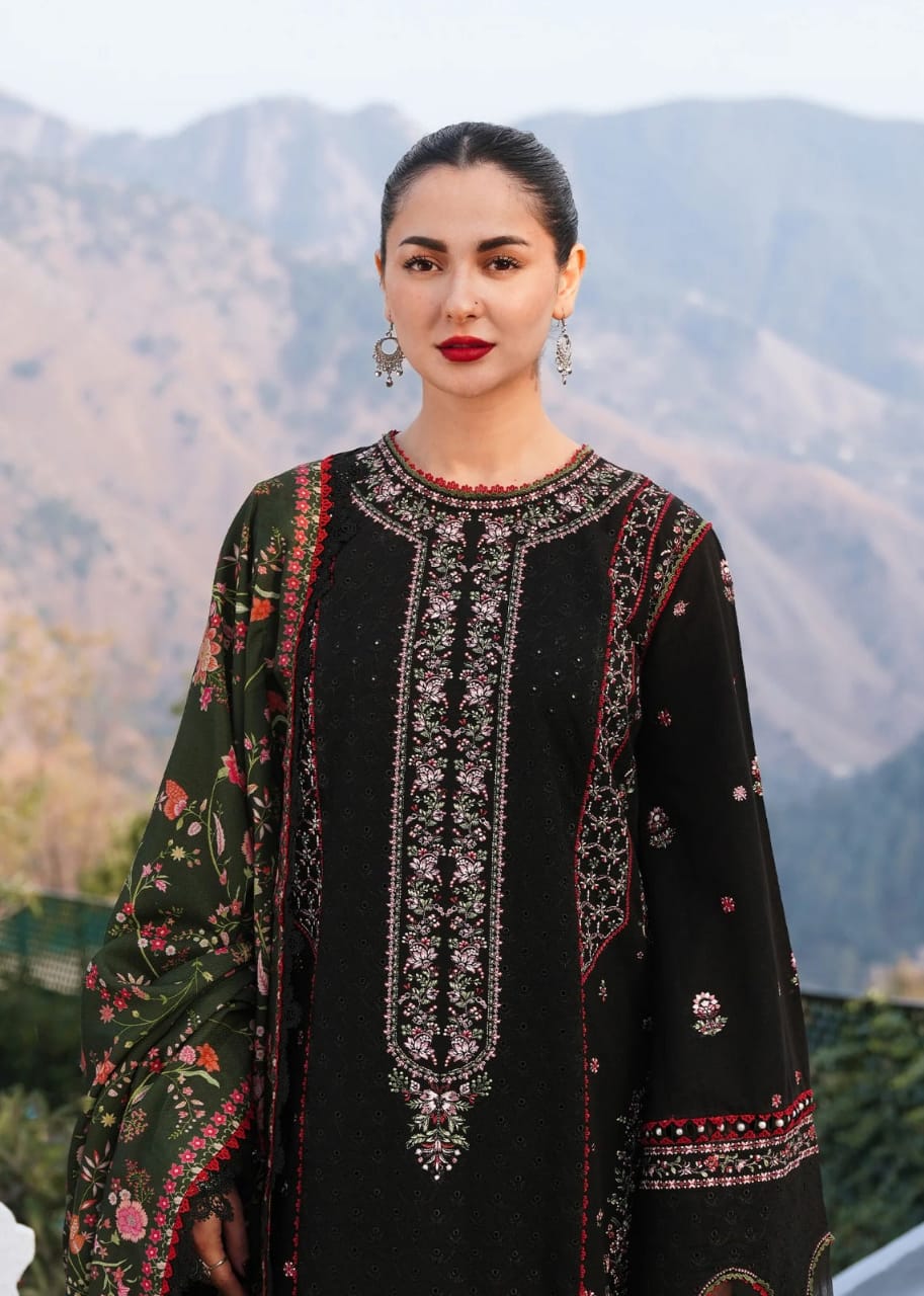 Hussain Rehar – 3PC Unstitched Dhanak Embroidered Suit with Digital Printed Pashmina Shawl | Winter Collection 2025