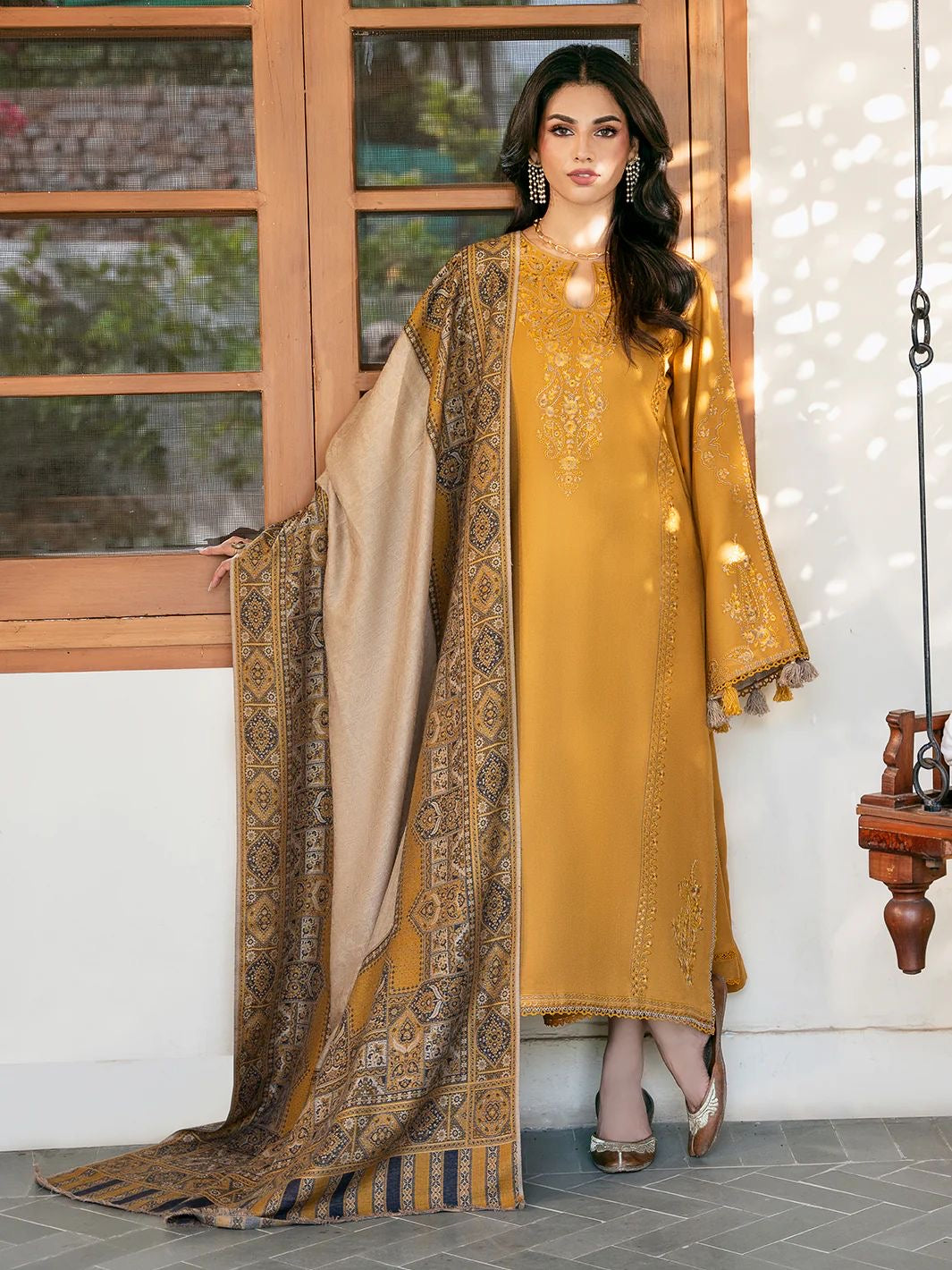 Aizel – New Winter Design | 3PC Airjet Dhanak Heavy Embroidered Suit with Digital Print Wool Shawl