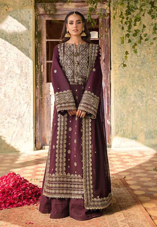 Winter 2025 Hot Collection – Asim Jofa 3-Piece Suit with Dhanak Embroidered Shawl wearing by Iqra Aziz | Shirt, Dupatta & Trouser