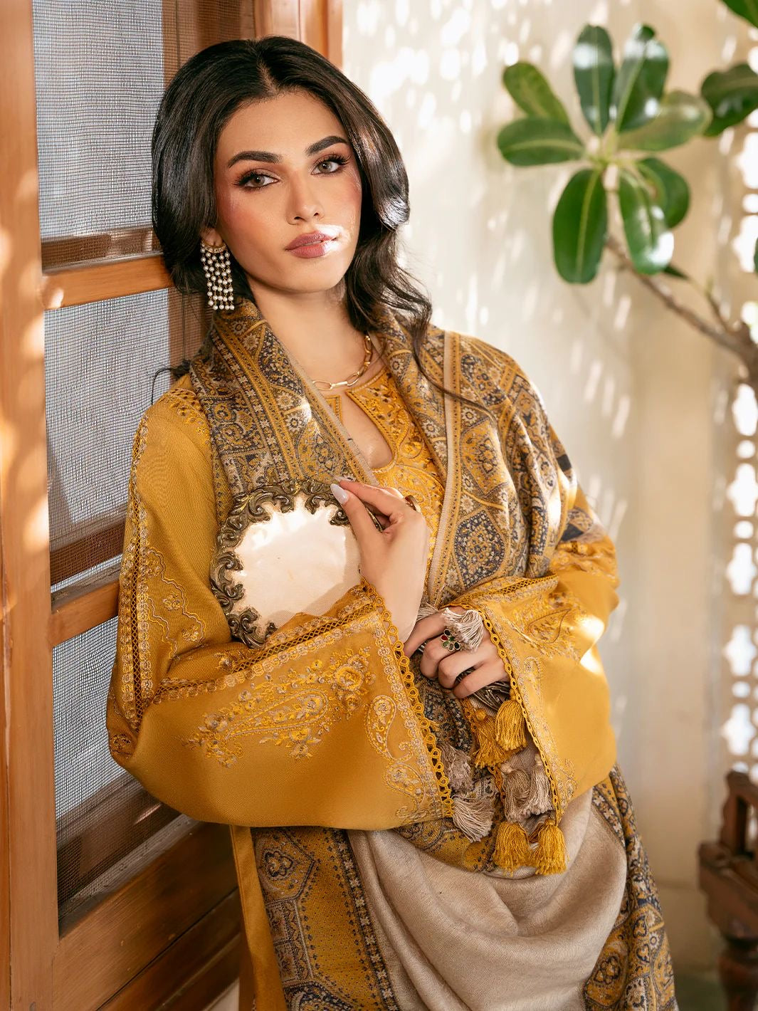 Aizel – New Winter Design | 3PC Airjet Dhanak Heavy Embroidered Suit with Digital Print Wool Shawl